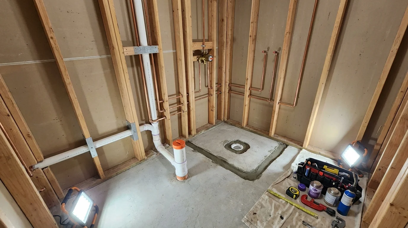 Bathroom rough-in plumbing during remodel by Johns Plumbing LLC in Winsted
