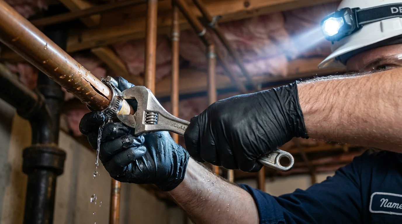 Emergency pipe clamp repair being performed by a Johns Plumbing LLC plumber in Winsted