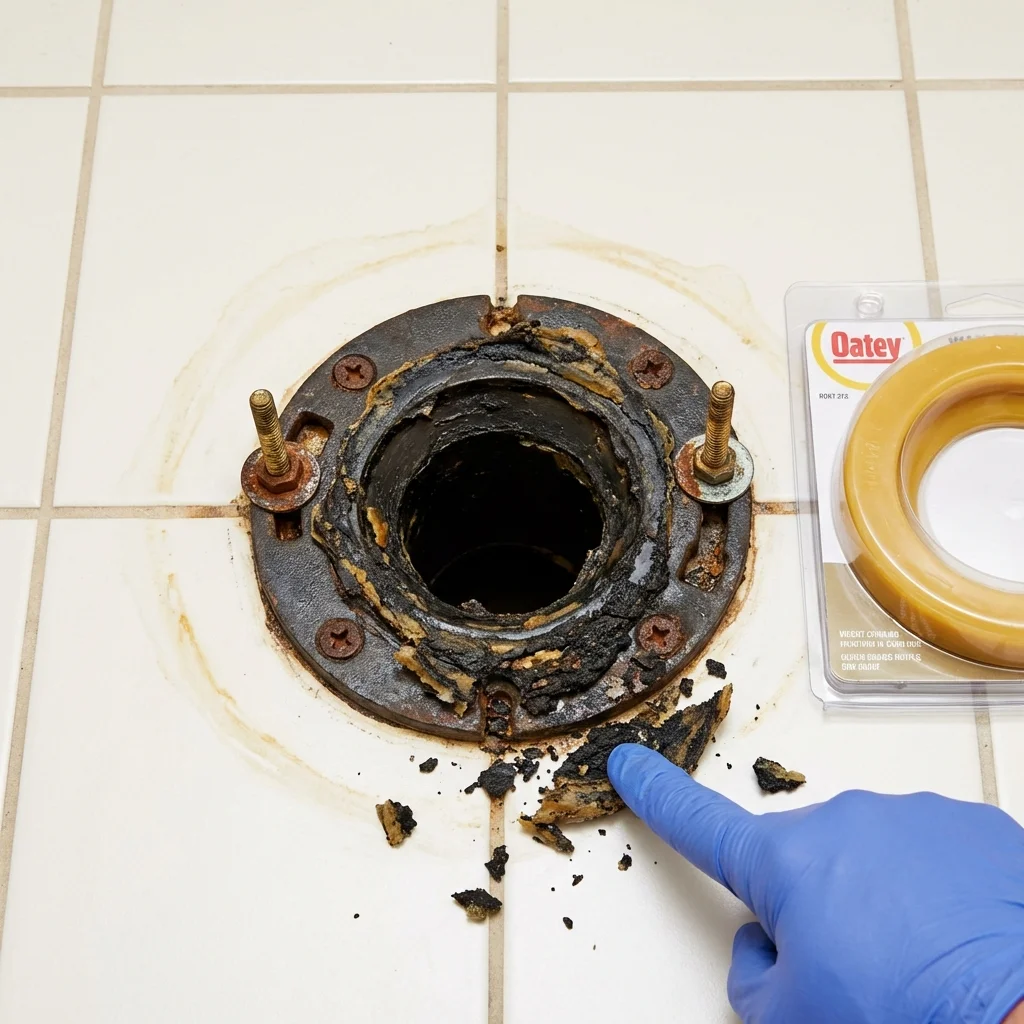 Failed wax ring showing water seepage at the base of a toilet in a Winsted, MN home