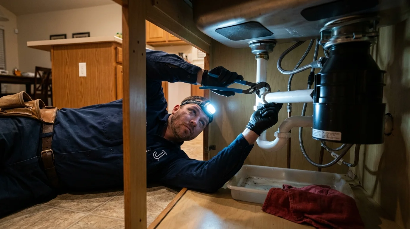 P-trap and supply line connections under a kitchen sink showing a common leak point in Winsted, MN